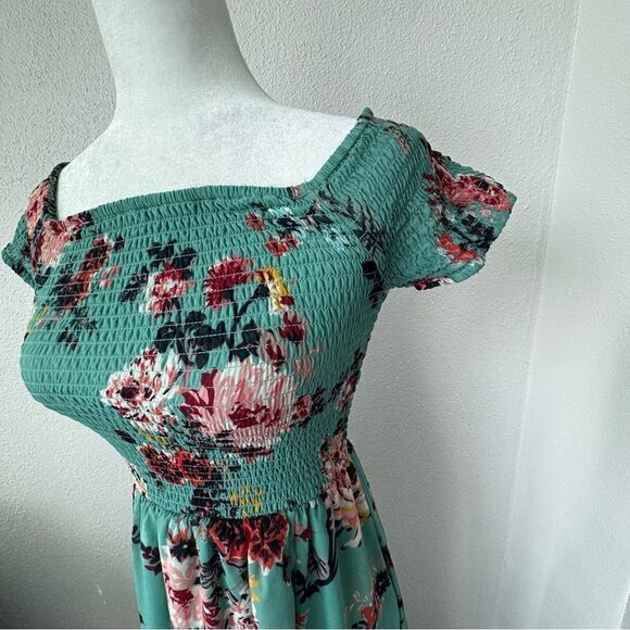 Derek Heart Floral High Low Dress Green Elastic Smocked Top SZ M - Picture 8 of 16